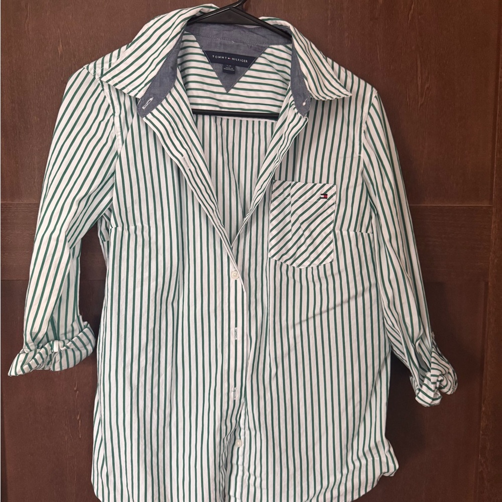 Tommy Hilfiger Green and White Striped Shirt